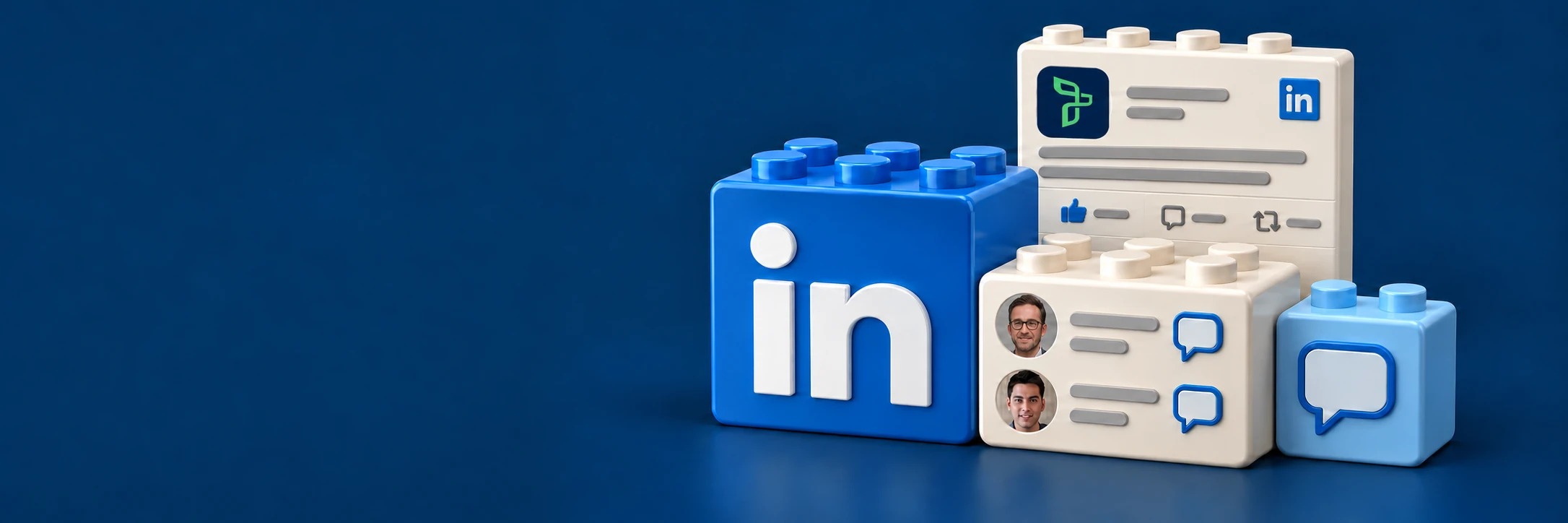 A brick-built LinkedIn company post with the Trellus logo behind LinkedIn and comment blocks, with demo portraits in the comments.